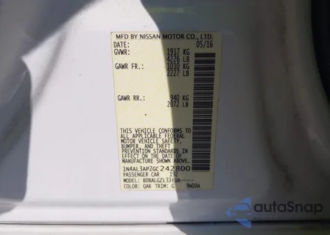 2016 Nissan Altima 2.5 S z USA, uszkodzony, nr VIN 1N4AL3AP2GC242800